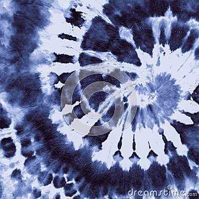 Blue Indigo Tye Die. Grunge Spiral. White Print Stock Photo