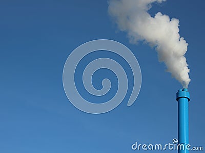 Blue Industrial Chimney on Sky Background with White Steam Stock Photo