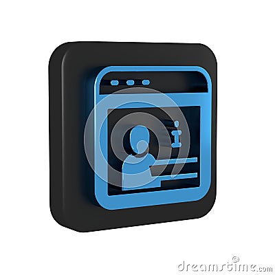 Blue Information icon isolated on transparent background. Black square button. Stock Photo