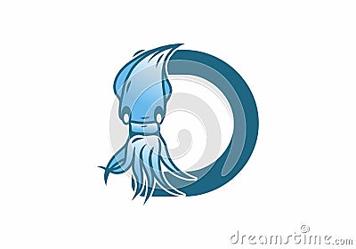 Blue initial letter D with squid Vector Illustration