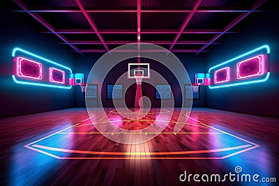 basketball game arena virtual background indoor hall neon empty corridor interior floor. Generative AI. Stock Photo