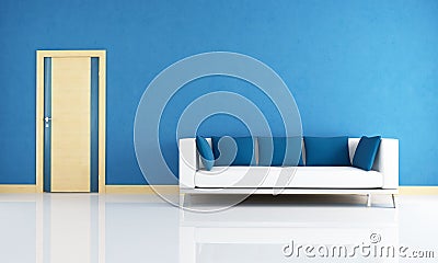 Blue interior with wooden door Stock Photo