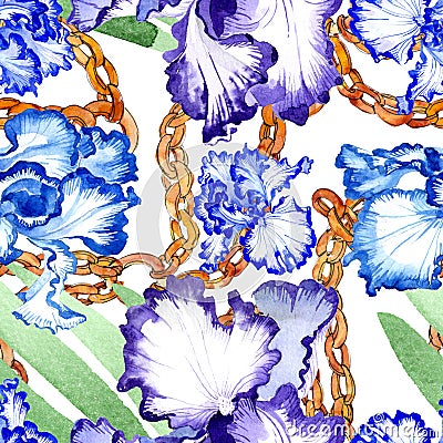 Blue iris floral botanical flowers. Watercolor background illustration set. Seamless background pattern. Cartoon Illustration