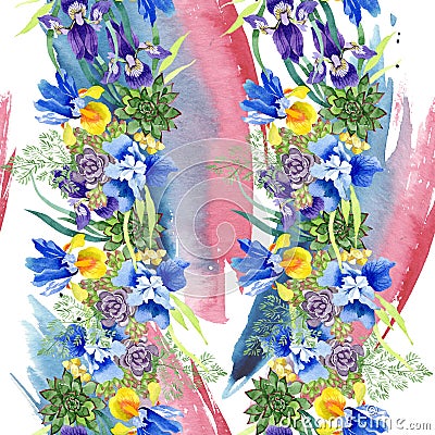 Blue irises bouquet floral botanical flowers. Watercolor background illustration set. Seamless background pattern. Cartoon Illustration