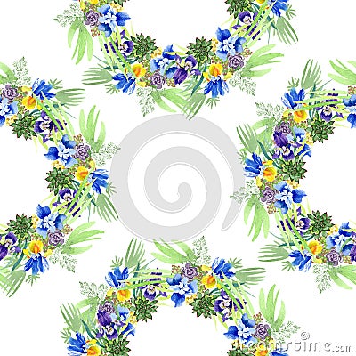 Blue irises bouquet floral botanical flowers. Watercolor background illustration set. Seamless background pattern. Cartoon Illustration