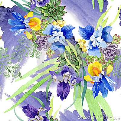 Blue irises bouquet floral botanical flowers. Watercolor background illustration set. Seamless background pattern. Cartoon Illustration