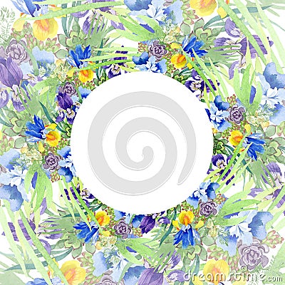 Blue irises bouquet floral botanical flowers. Watercolor background illustration set. Frame border ornament square. Cartoon Illustration