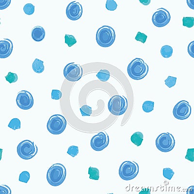 Blue irregular paint brush polka dots vector seamless pattern. Trendy seamless pattern. Aqua blue circles on white Vector Illustration