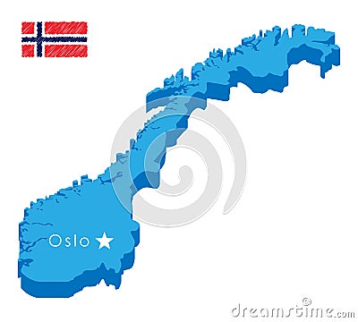 Blue isometric map of country norway with pointer of capital Oslo. Realistic 3d vector concept map easy to edit and Vector Illustration