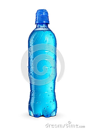 Blue isotonic sport energy drink in a transparent bottle isolated on white background. Sport cap dispenser Stock Photo