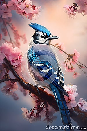 Blue Jay Bird Perching on a Cherry Tree. AI generated Illustration Stock Photo