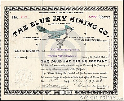 1896 THE BLUE JAY MINING COMPANY Stock Certificate - Cripple Creek, Colorado Editorial Stock Photo