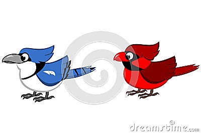 Blue Jay and Northern Cardinal Cartoon Vector Illustration