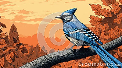 Blue Jay Perched On Tree: Butcher Billy Style With Naturalistic Landscape Background Cartoon Illustration