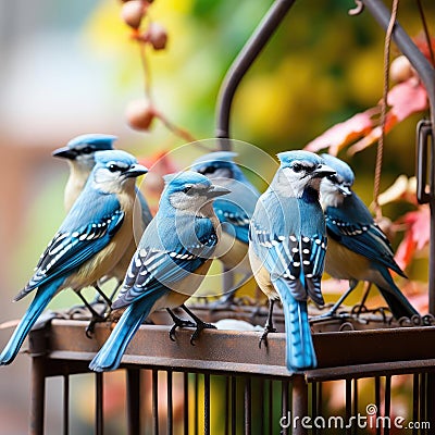 Blue jays gathered at a platform bird feeder filled with sunflower seeds Stock Photo