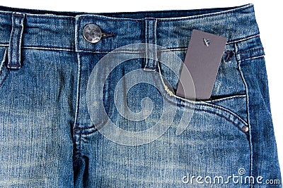 Blue jeans detail blank tag paper jeans label Stock Photo
