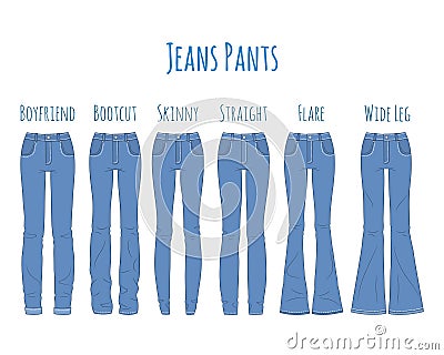 Blue jeans pants collection, sketch vector illustration. Vector Illustration