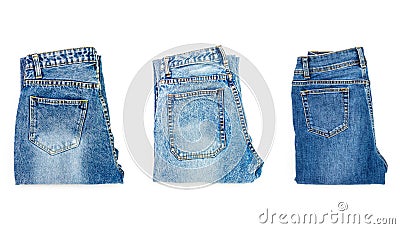 blue jeans in a row a pile of denim pants element modern women and men fashion pants texture isolated on white background Stock Photo