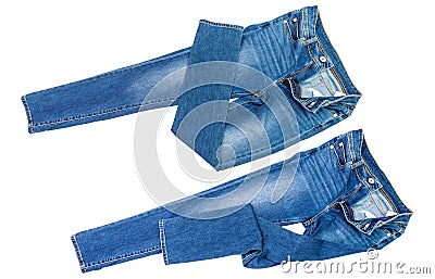 blue jeans in a row a pile of denim pants element modern women and men fashion pants texture isolated on white background Stock Photo