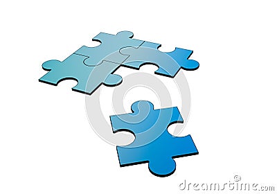 Blue jigsaw puzzles disrupted and separated on white, 3d Cartoon Illustration