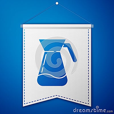 Blue Jug glass with water icon isolated on blue background. Kettle for water. Glass decanter with drinking water. White Vector Illustration