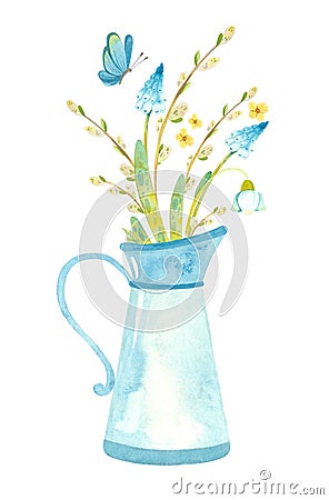 Blue jug with spring flowers, pussy willow and butterfly. Stock Photo