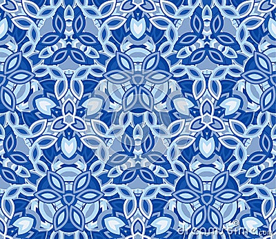 Blue kaleidoscope seamless pattern, background. Composed of abstract shapes. Vector Illustration