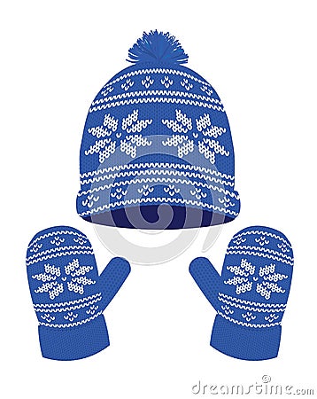 Blue knitted winter hat and gloves Vector Illustration