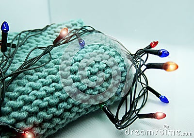Blue knitting wool and knitting needles on white background, grannies new year gift, Stock Photo