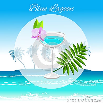 Blue Lagoon cocktail on the seaside background Vector Illustration