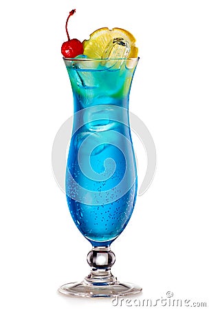 Blue Lagoon cocktail with a slice of lemon and cherry Stock Photo