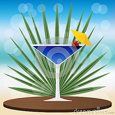 Blue lagoon cocktail on wooden classic tray Vector Illustration