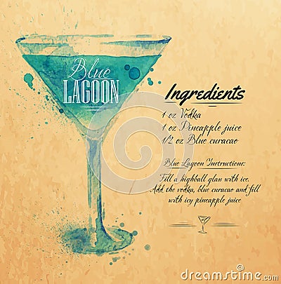Blue Lagoon cocktails watercolor kraft Vector Illustration