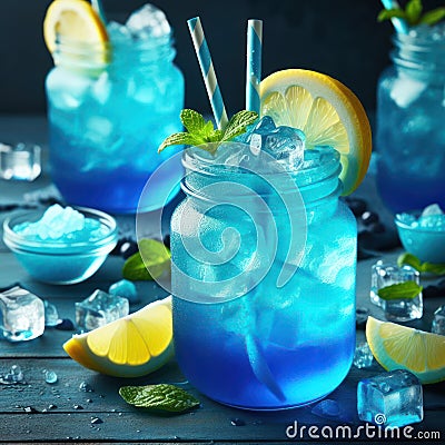Blue Lagoon drink, lemon syrup, lemon soda, blue dye, ice, drinks concept Stock Photo