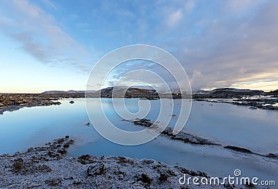 The blue lagoon in Iceland. The blue water between the lava stones at winter. Stock Photo