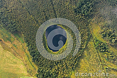 Blue lake in forest. Aerial view of round shaped pond in autumn forest Stock Photo