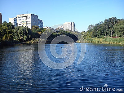 blue lake vegetation and tall houses in the backgroun Stock Photo