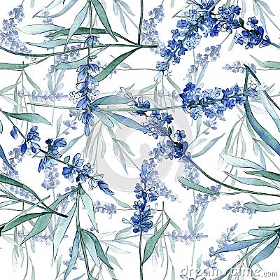 Blue lavender floral botanical flowers. Watercolor background illustration set. Seamless background pattern. Cartoon Illustration