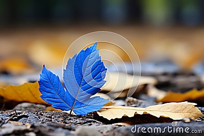 a blue leaf sits on top of a pile of yellow leaves Stock Photo