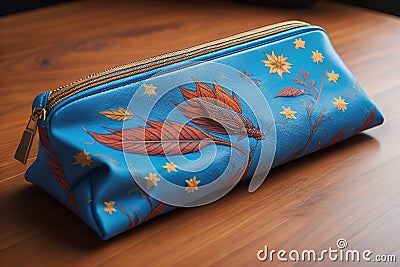 Blue leather clutch with autumn leaves on a wooden table in a cafe. generative ai Stock Photo