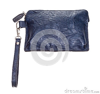 Blue leather wristlet pouch bag isolated on white Stock Photo