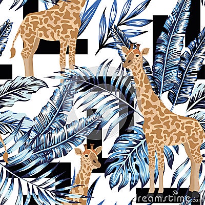 Blue leaves giraffe seamless geometric black white background Vector Illustration