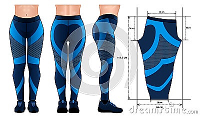 Blue Leggings pants mockup pattern realistic isolated white background Vector Illustration