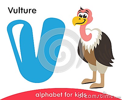 Blue letter V and cute Vulture. Cartoon Illustration