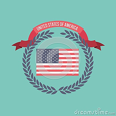 Blue light background of colorful flag united states of america with arch of leaves and label tape Vector Illustration