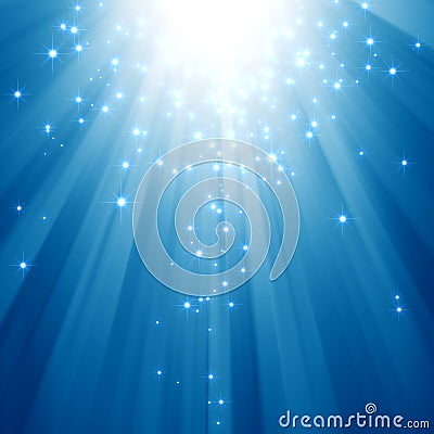 Blue light beams with glitter stars Stock Photo