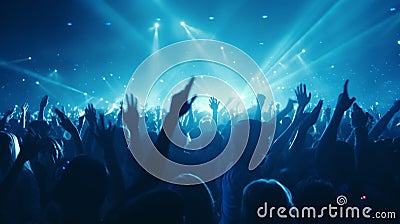 Blue light blinks to the audience at the concert or festival, followed by everyone putting their hands up and following the beat, Stock Photo