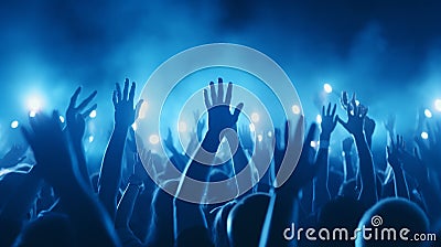 Blue light blinks to the audience at the concert or festival, followed by everyone putting their hands up and following the beat, Stock Photo