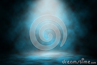 Blue light smoke spotlight stage background. Stock Photo