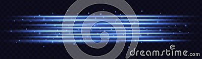 Blue light speed stripes isolated on transparent background. Horizontal lens flares. Vector Illustration